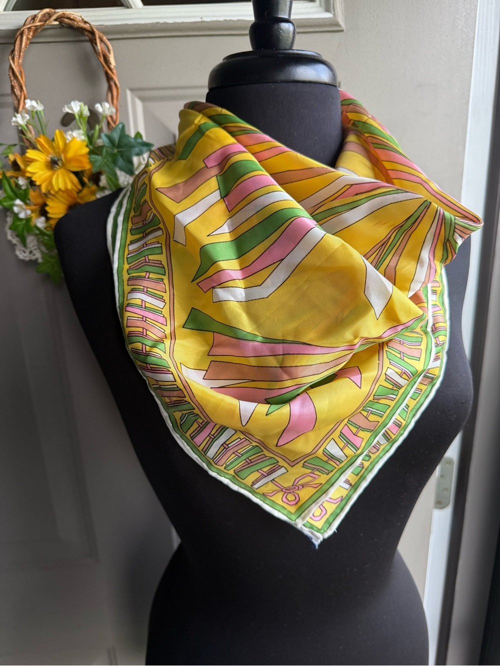 Vintage 60s vibrant yellow multicolor hand rolled square scarf